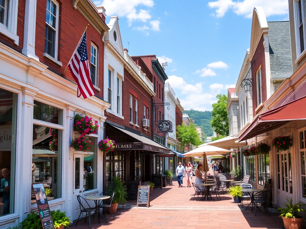 Charming downtown area with shops and cafes on a sunny day