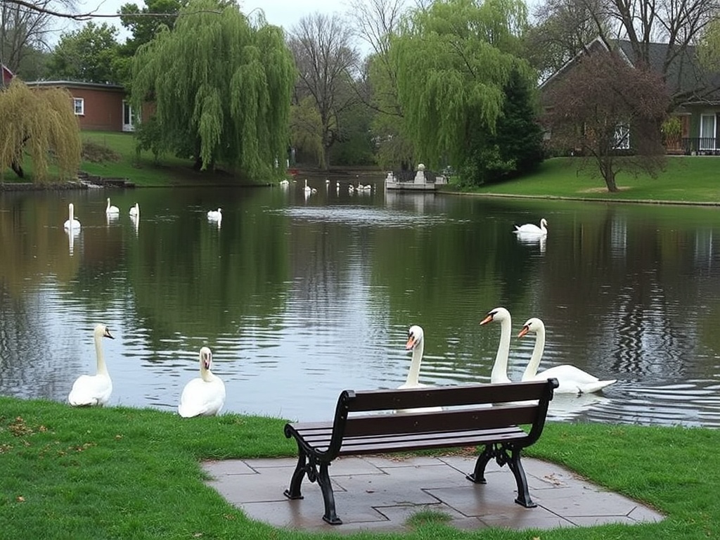 bench by Avon River Stratford Ontario peaceful sitting swans trees reflection