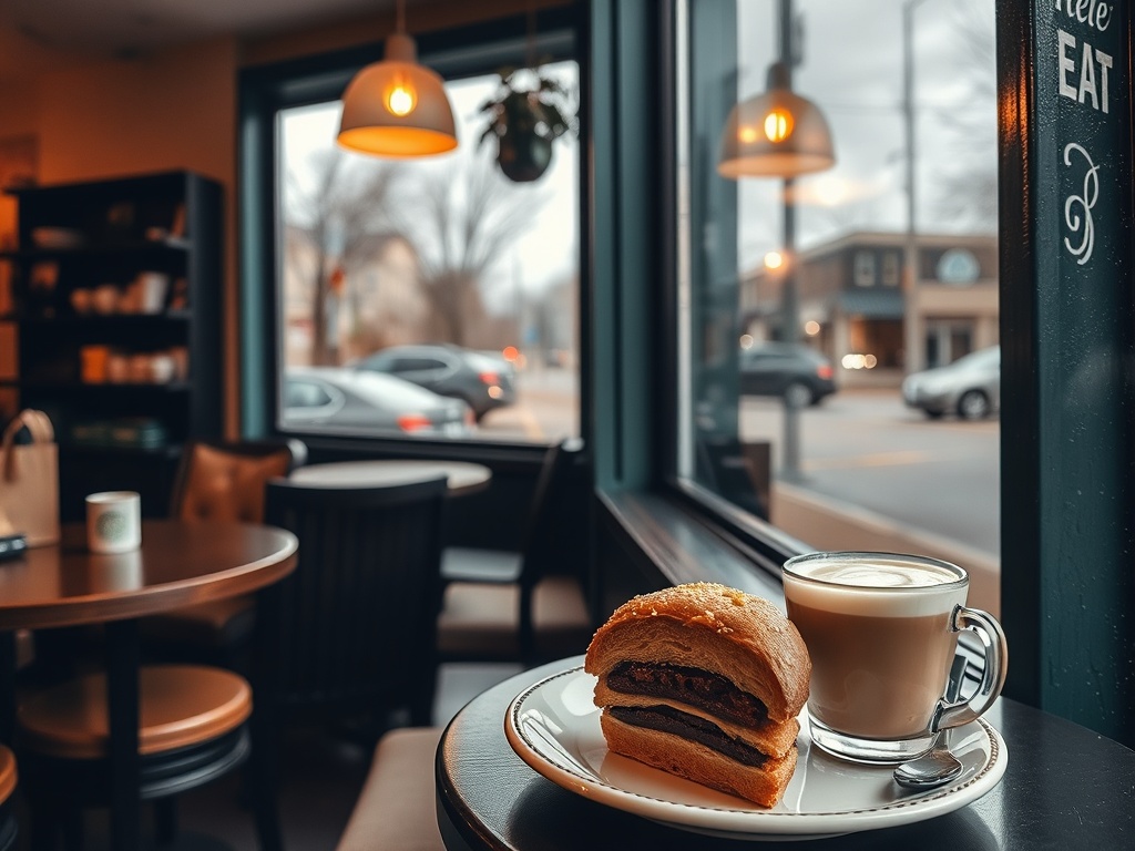 cozy independent coffee shop Stratford Ontario warm lighting latte and pastry window seating