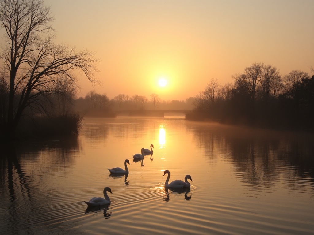 soft golden sunrise over Avon River Stratford Ontario with swans, light mist, peaceful reflections