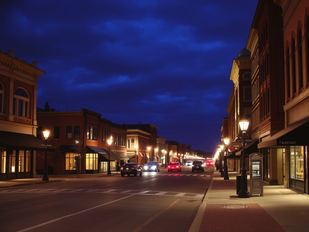 Stratford downtown at night quiet streets warm streetlights reflections Ontario