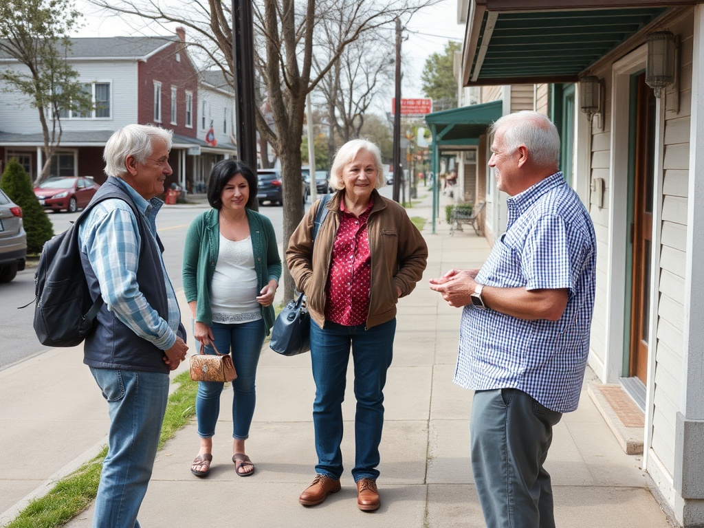 friendly neighbors chatting on sidewalk small town Ontario community lifestyle candid moment