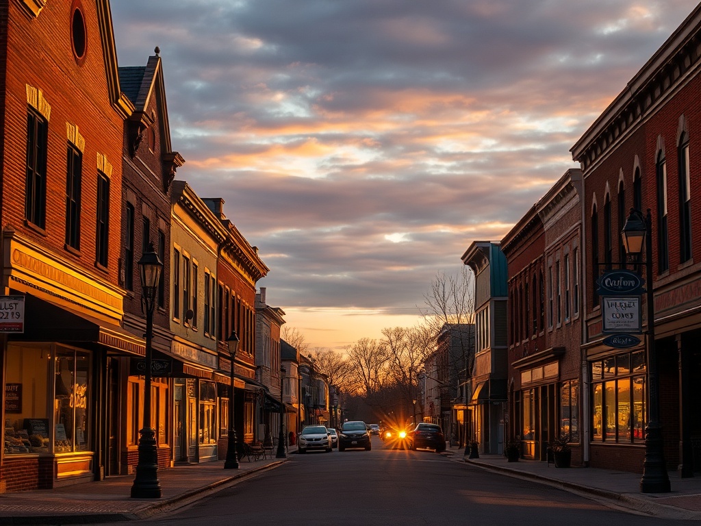 golden hour small town Ontario street with historic buildings and soft warm lighting, cinematic, peaceful