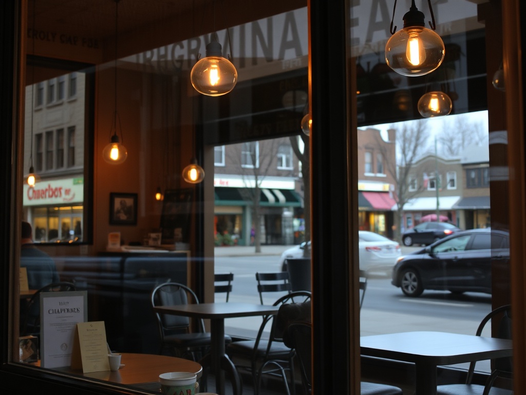small town coffee shop window cozy interior Ontario Canada warm lights inviting atmosphere