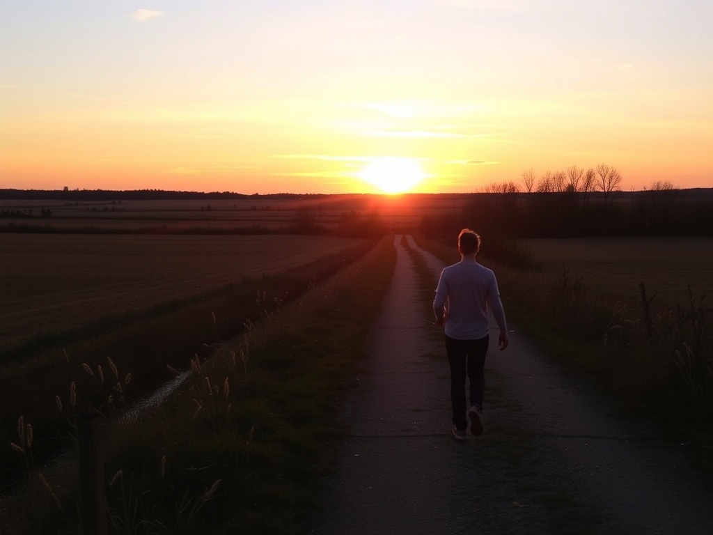 sunset walk along rural path near Strathroy fields horizon warm sky peaceful reflective mood