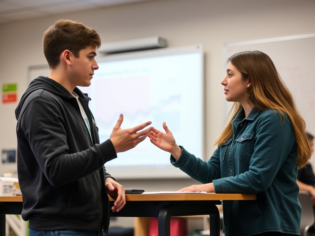 a student teaching another person, explaining a concept