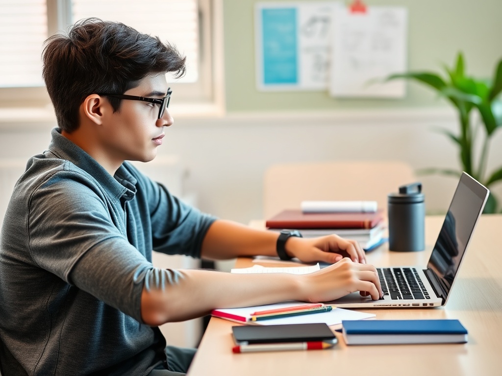 a student working at a desk with notes and a laptop, focused on studying