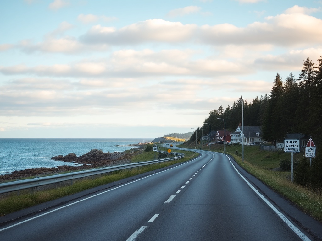 coastal road leaving Summerside Prince Edward Island with ocean views calm daylight