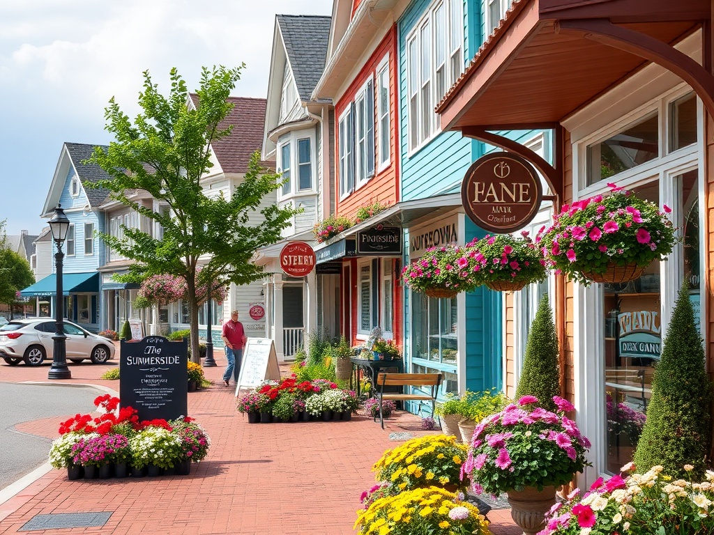 colorful small town streets in Summerside with local shops flowers and quiet charm