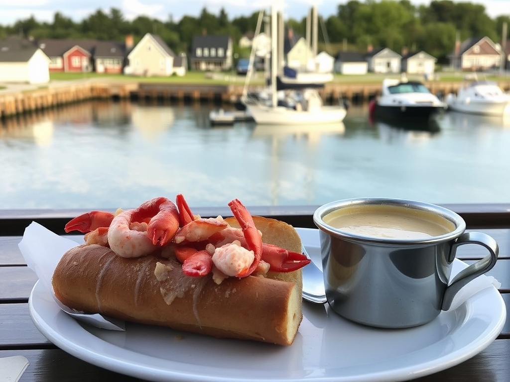 lobster roll and seafood chowder overlooking Summerside harbour Prince Edward Island