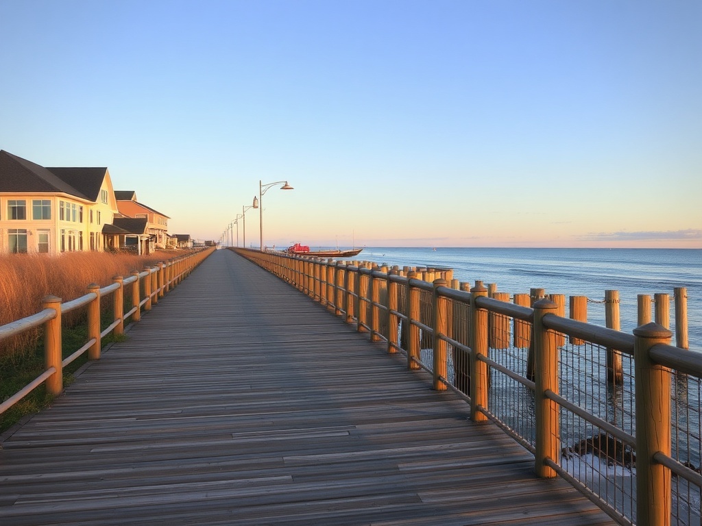 quiet Summerside waterfront boardwalk early morning with soft light and calm ocean Prince Edward Island