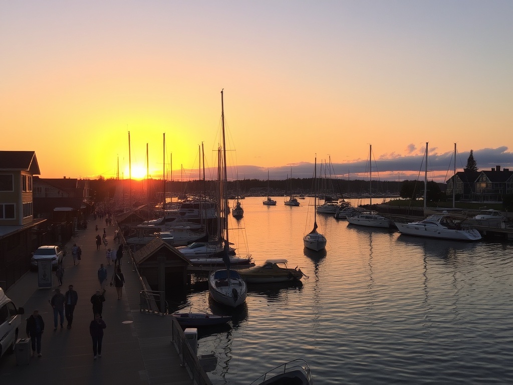sunset over Summerside harbour with warm glow boats and people strolling waterfront