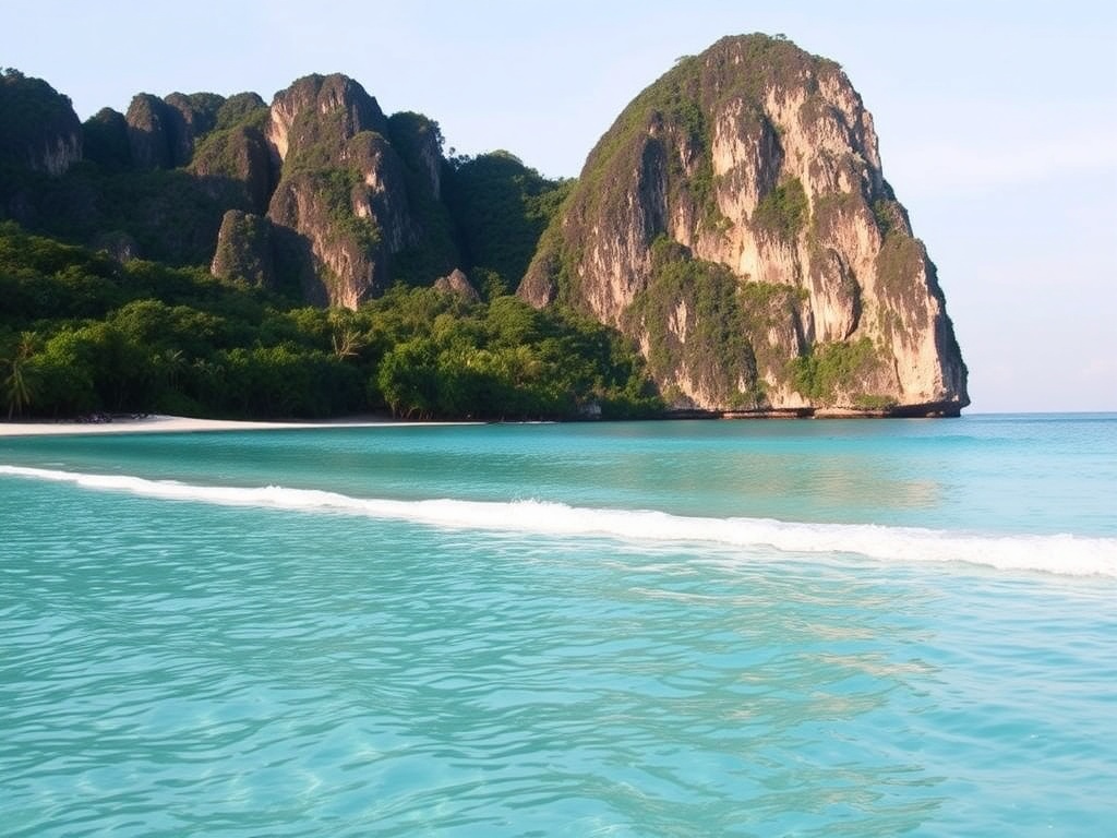 A remote, secluded beach on Palawan, with clear turquoise waters, tall cliffs in the background, and a lush tropical forest lining the shore.
