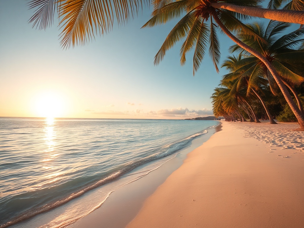 A serene tropical beach with crystal-clear water, soft white sand, and palm trees swaying in the breeze, bathed in golden sunset light.