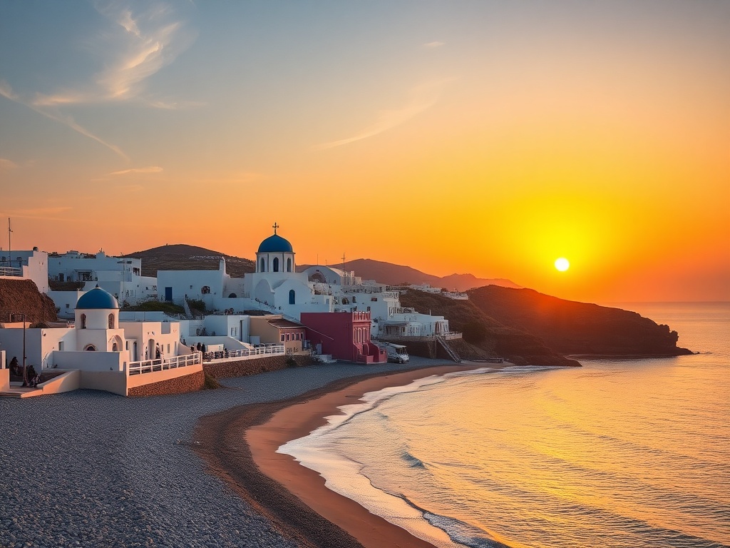 A sun-kissed Santorini beach with its iconic white-washed buildings and blue-domed churches set against a breathtaking sunset sky.