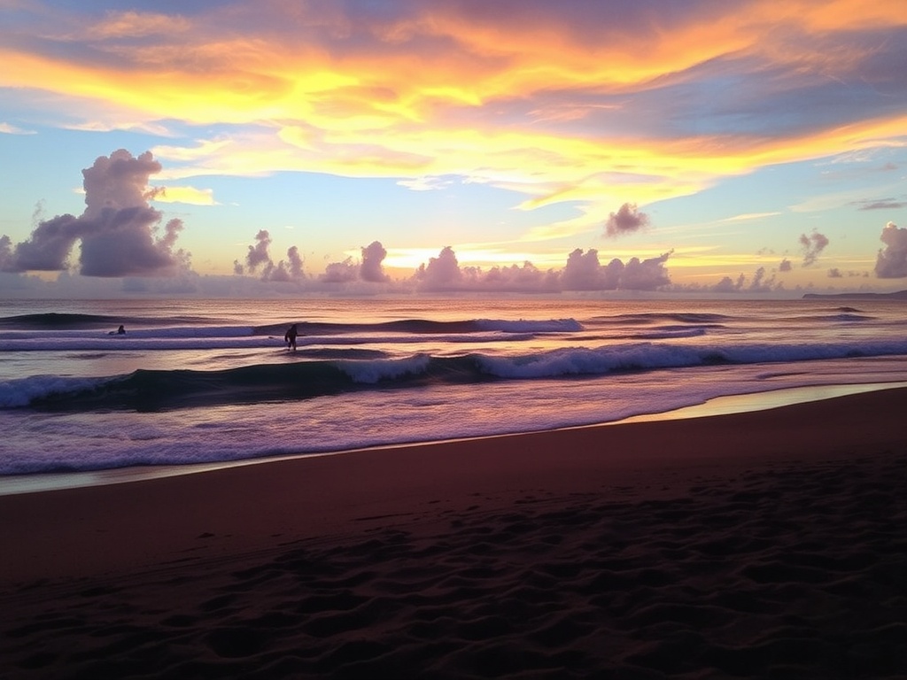 A vibrant beach in Costa Rica, with surfers catching waves in the background and a beautiful sunset overhead.