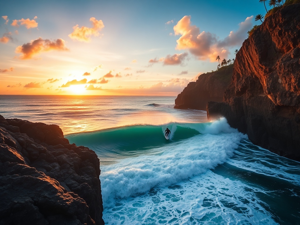 dramatic cliffside surf at uluwatu bali turquoise waves sunset surfers riding barrels