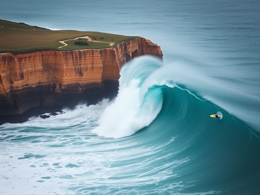 nazare portugal giant wave surfer tow surfing massive swell cliff viewpoint