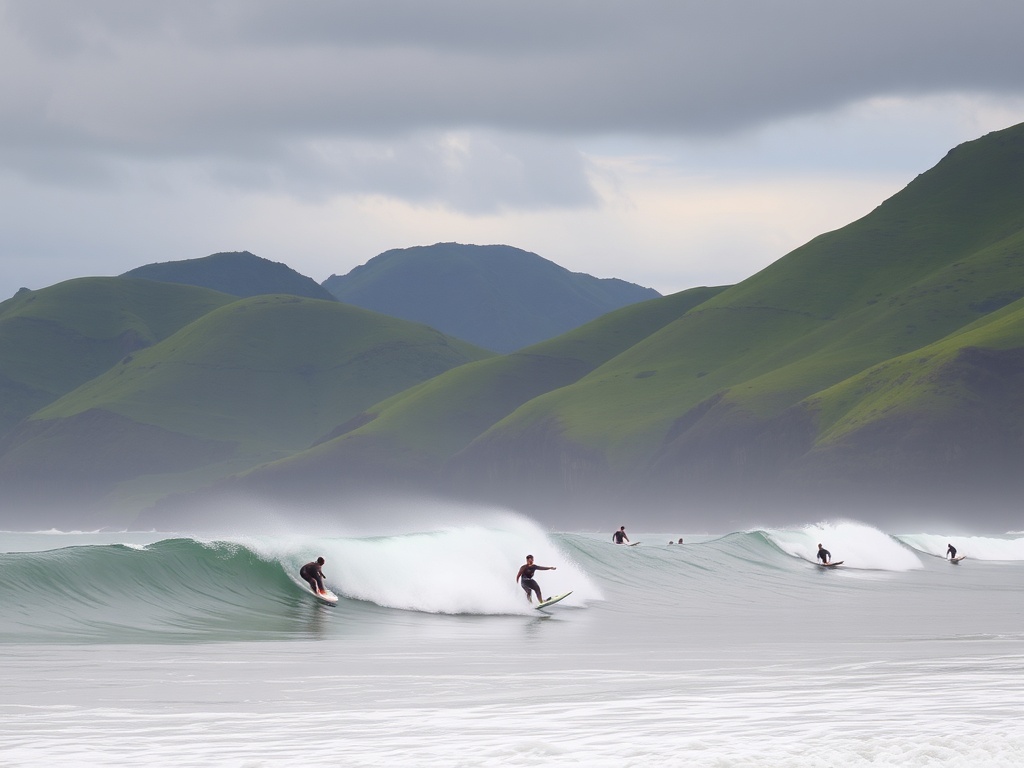 raglan new zealand long left hand wave green hills surfers cruising