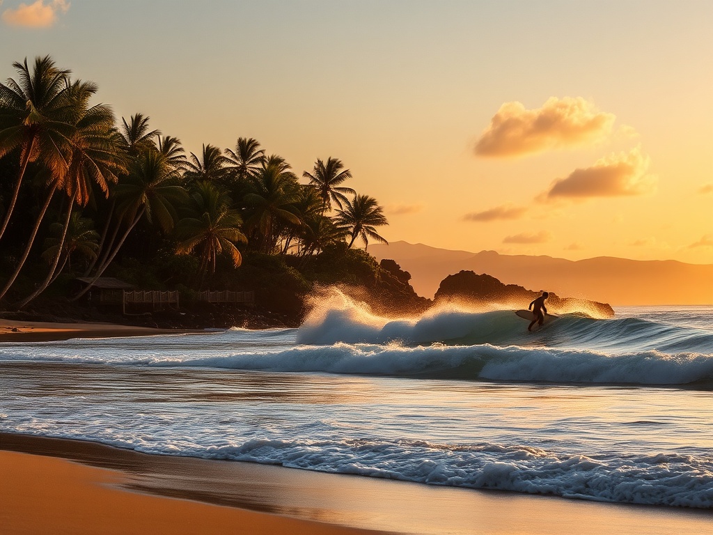 santa teresa costa rica sunset beach break surfers palm trees golden light