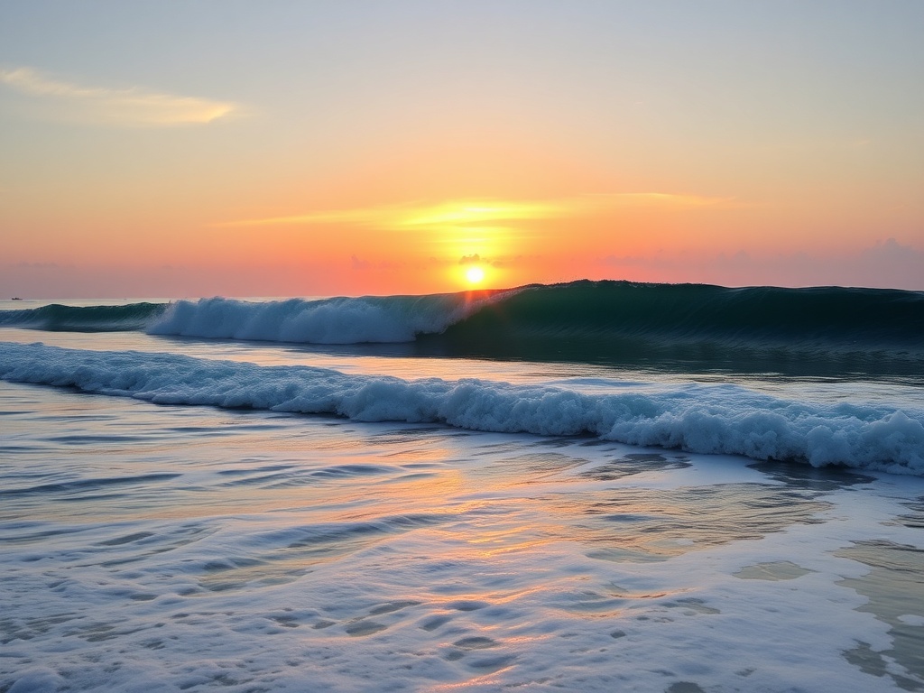 clean glassy surf at sunrise with perfect peeling waves and offshore winds, empty lineup, tropical coastline