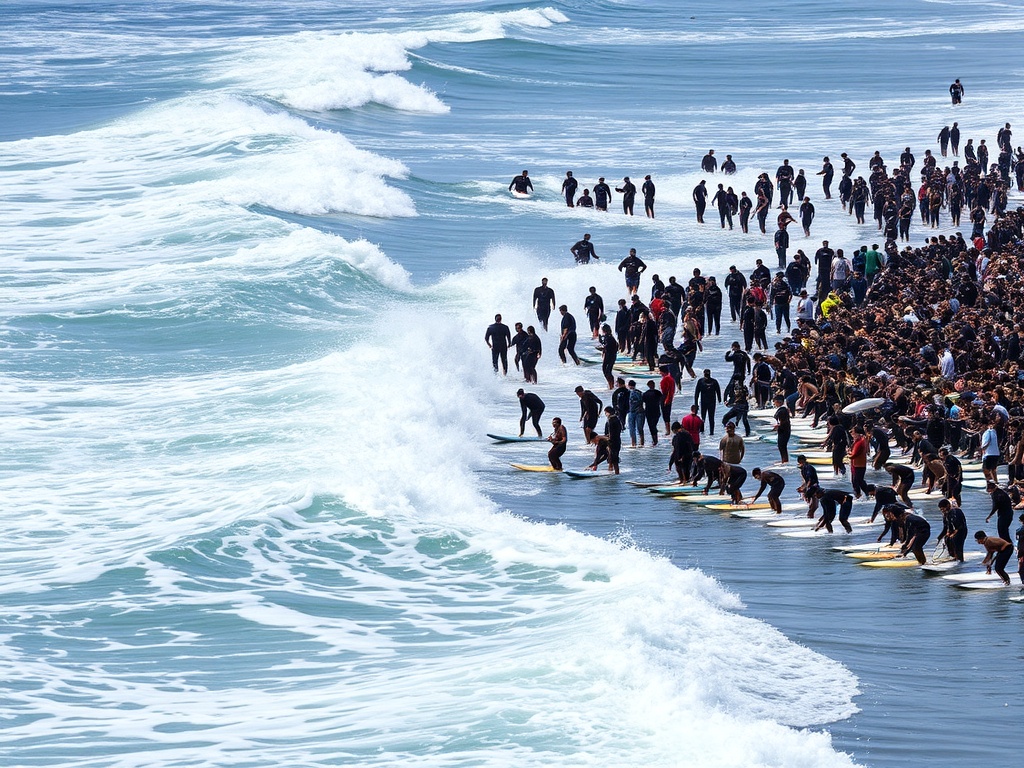 crowded surf lineup during peak season with dozens of surfers competing for waves