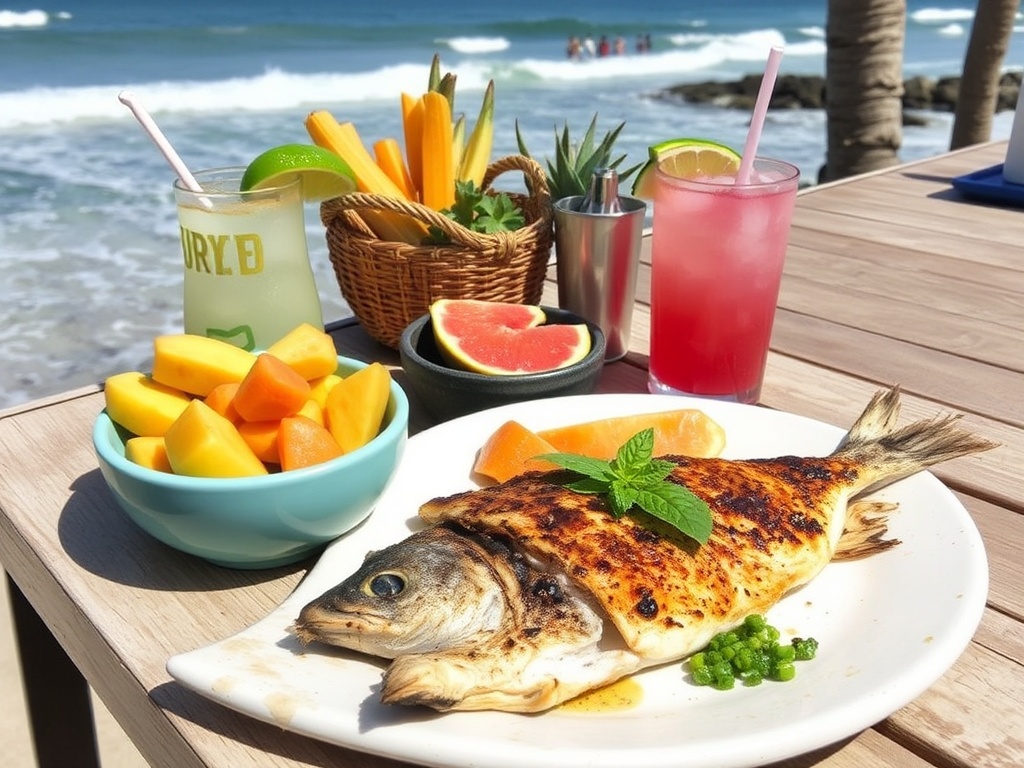 healthy post-surf meal with tropical fruits, grilled fish, and hydration drinks by the ocean