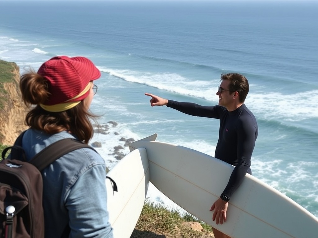 local surfer pointing out wave conditions to traveler at a coastal viewpoint, friendly interaction