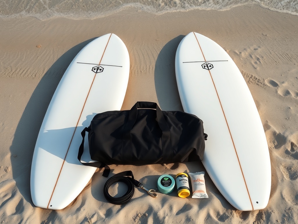 minimalist surf gear setup with two surfboards, travel bag, wax, leash neatly arranged on beach