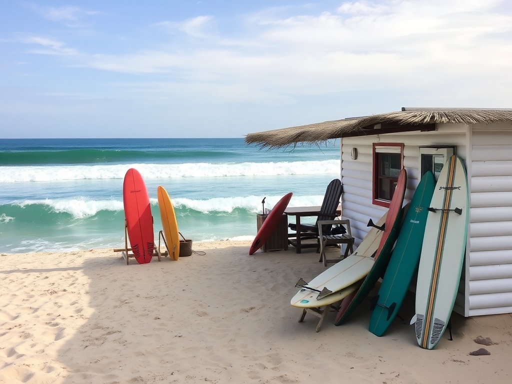 simple beachfront surf camp with boards stacked outside and waves breaking just steps away