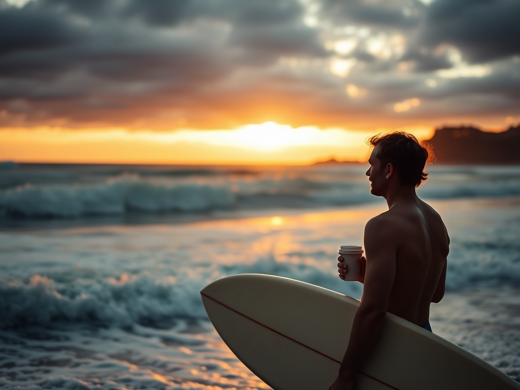 surfer checking ocean conditions at sunrise, coffee in hand, relaxed planning vibe