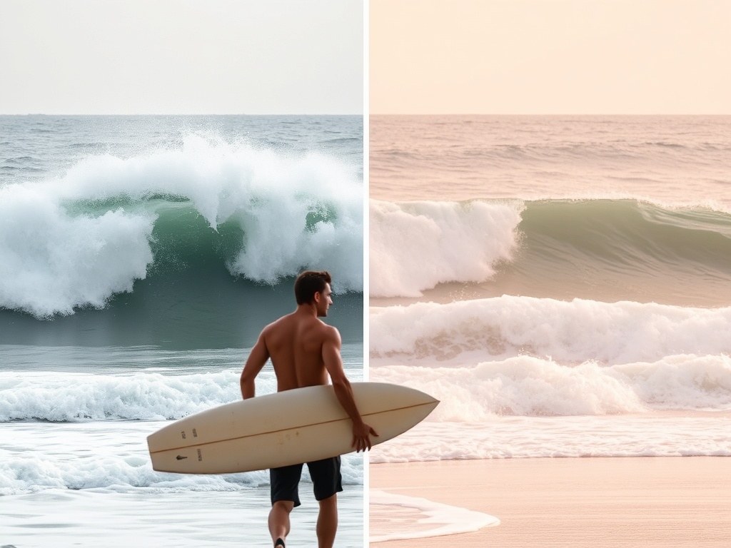 surfer hesitating at a heavy reef break with large waves, contrasted with beginner-friendly beach break waves nearby