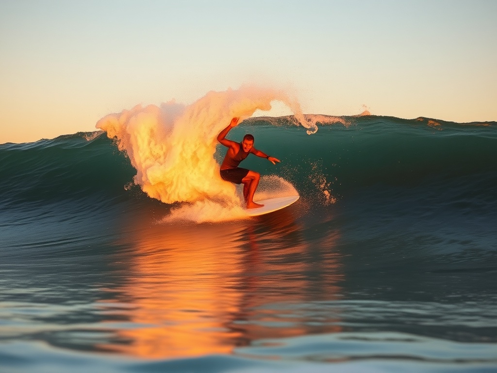 surfer riding a long clean wave with golden sunset light, perfect conditions and freedom feeling