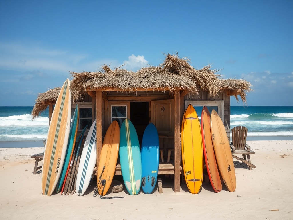 beachfront surf shack with boards outside and waves breaking just meters away, relaxed coastal vibe