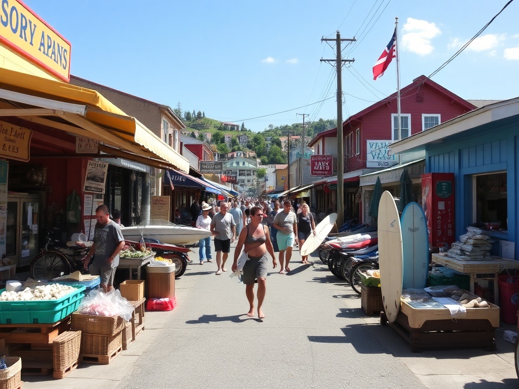 coastal town market with fresh seafood, surfers walking barefoot through vibrant street scene