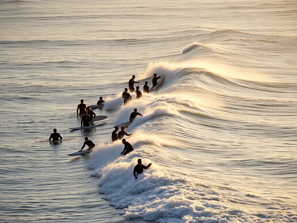 crowded surf lineup with respectful spacing, surfers waiting for waves in golden light