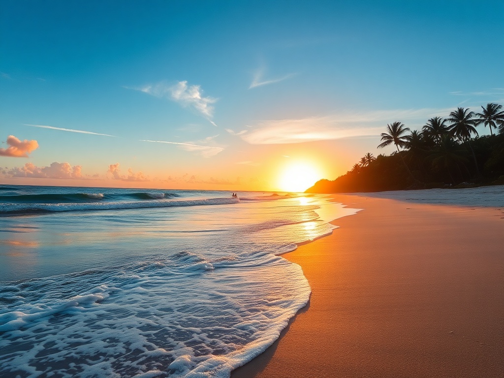 empty tropical beach with glassy waves at sunrise, no crowds, perfect surf conditions