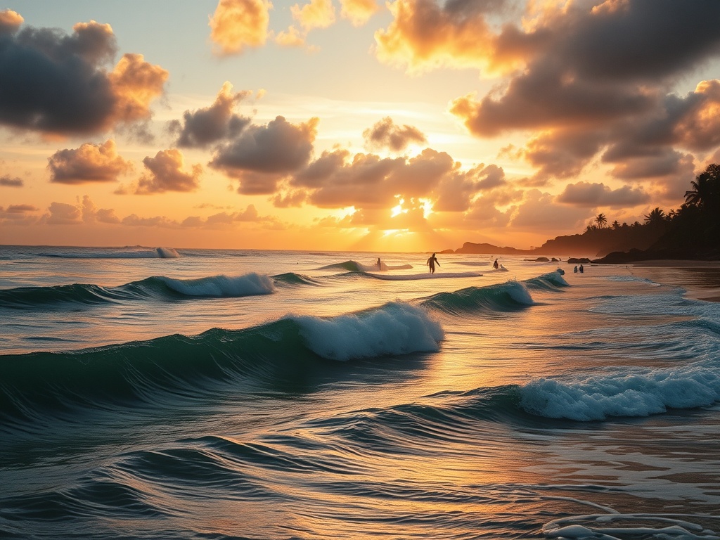 golden sunrise surf lineup with clean peeling waves and a few surfers paddling out, tropical coastline glowing