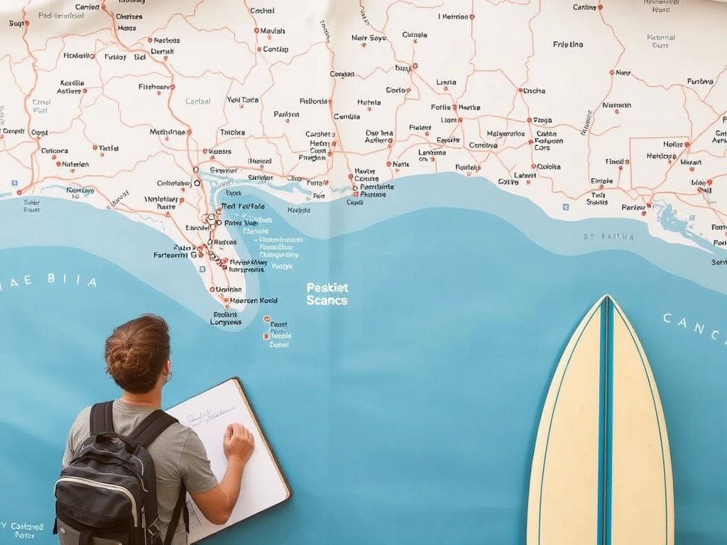 map with surf spots marked along a coastline, traveler planning routes with notebook and surfboard nearby