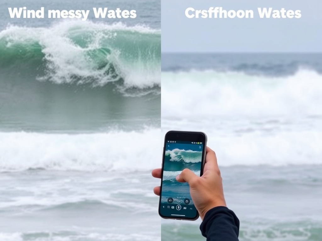 surfer checking surf forecast on phone with ocean in background, windy messy waves vs clean offshore waves comparison