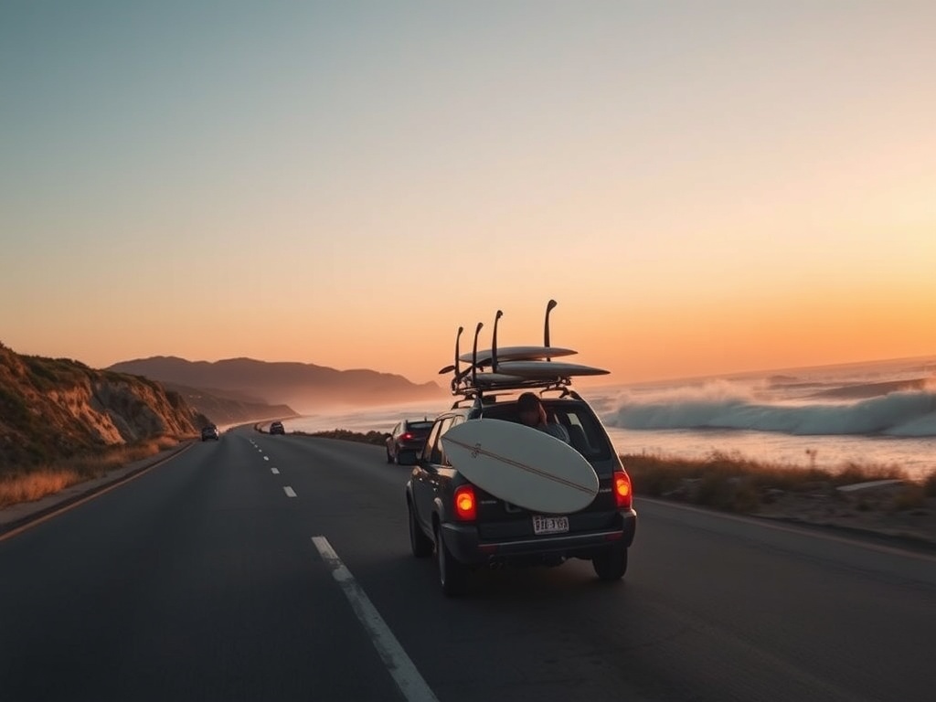surfer driving along coastal road with surfboards on roof, chasing waves at sunset