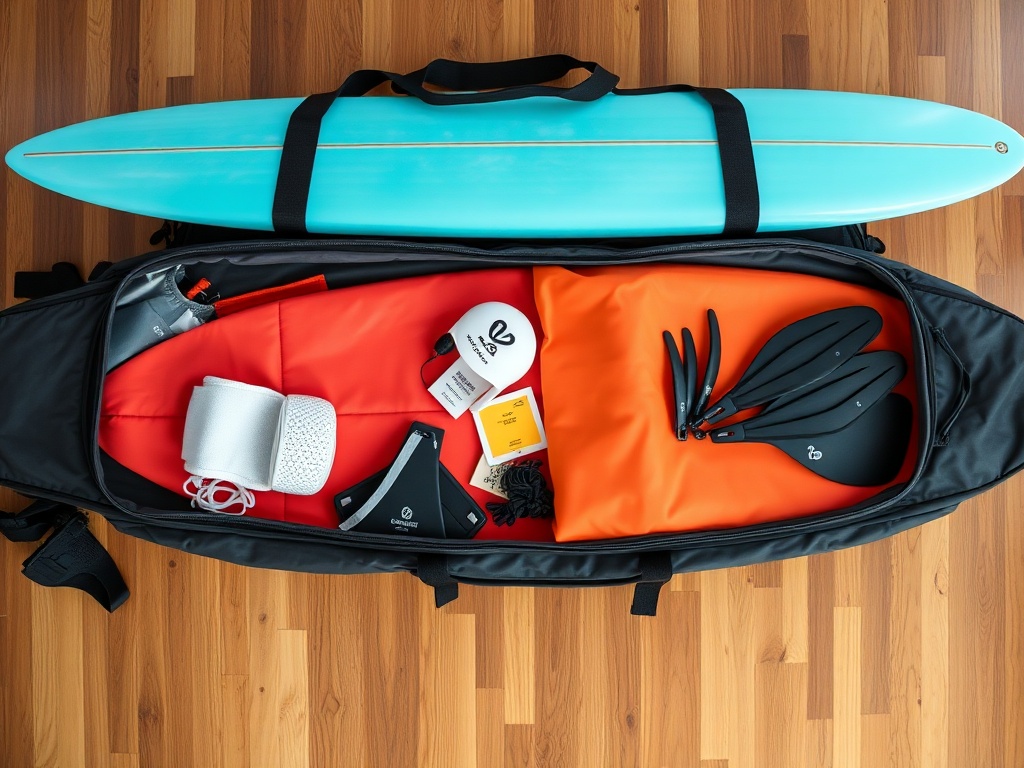 surfer packing board bag with two surfboards, wax, fins, and travel gear on a wooden floor