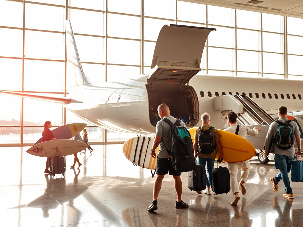 airplane loading surfboard bags and surfers carrying boards through airport, travel scene