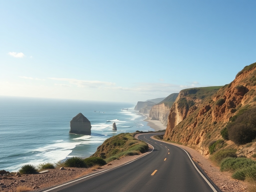 coastal road trip exploring hidden beaches and cliffs, adventurous travel vibe