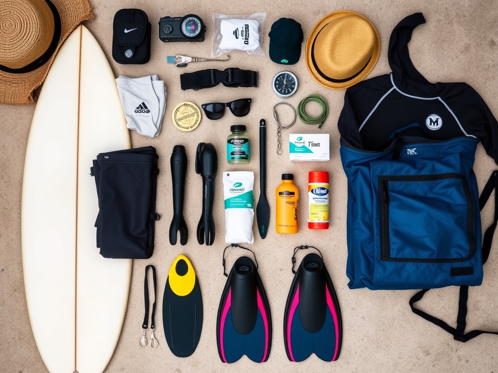 flat lay of surf travel gear including wetsuit, wax, fins, leash, and tropical essentials