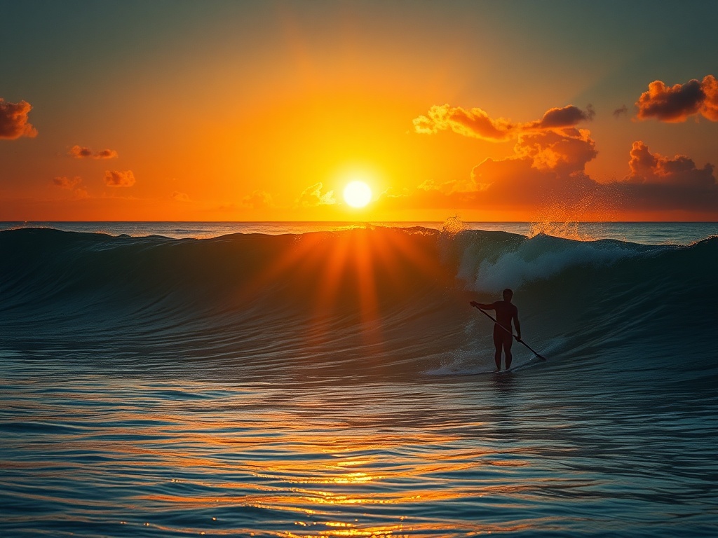 golden sunrise over tropical surf break with glassy waves and a lone surfer paddling out, cinematic lighting