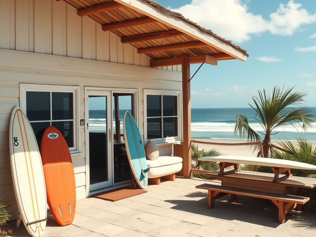 simple beachfront surf lodge with boards stacked outside and ocean view, relaxed vibe