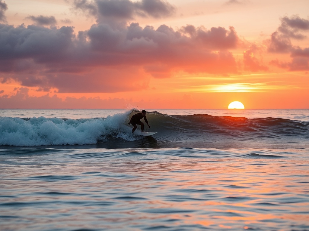 sunrise surf session with glassy waves and warm colors, calm ocean atmosphere