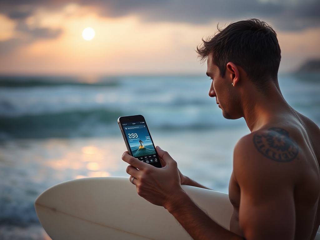 surfer checking surf forecast on phone with ocean in background, early morning light