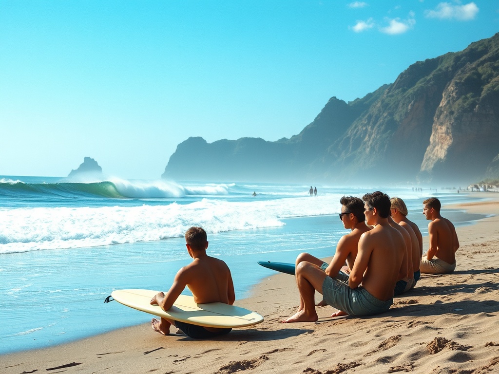surfers sitting on beach analyzing waves and lineup before entering water, thoughtful mood